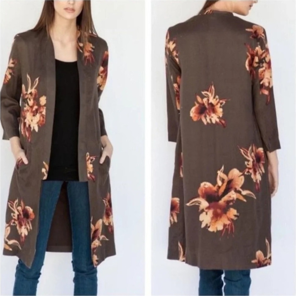 Free People Boho Floral Duster Kimono Cardigan Charcoal Grey Open Front S - Picture 2 of 12